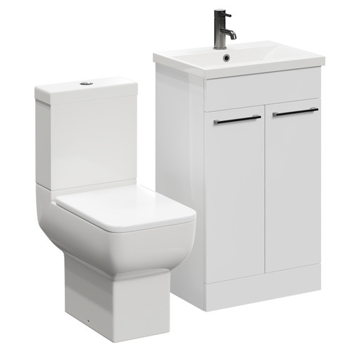 Alessio Gloss White 500mm Vanity Unit and Toilet Suite including Open Back Toilet and Floor Standing Vanity Unit with 2 Doors and Gunmetal Grey Handles Left Hand View