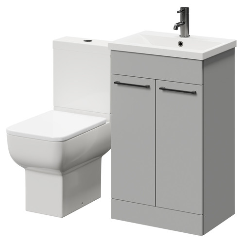 Alessio Gloss Grey Pearl 500mm Vanity Unit and Toilet Suite including Open Back Toilet and Floor Standing Vanity Unit with 2 Doors and Gunmetal Grey Handles Right Hand View