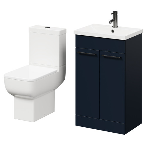 Alessio Deep Blue 500mm Vanity Unit and Toilet Suite including Open Back Toilet and Floor Standing Vanity Unit with 2 Doors and Gunmetal Grey Handles Right Hand View