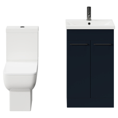 Alessio Deep Blue 500mm Vanity Unit and Toilet Suite including Open Back Toilet and Floor Standing Vanity Unit with 2 Doors and Gunmetal Grey Handles Front View