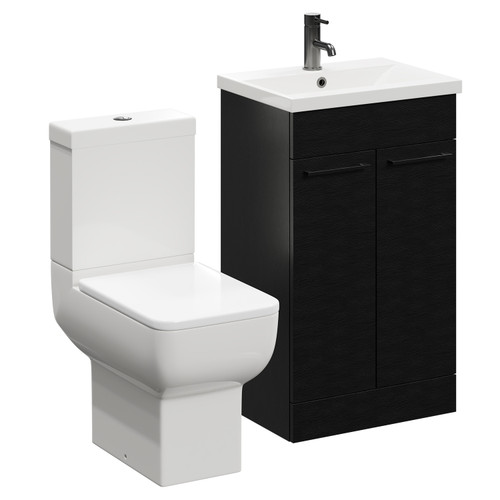 Alessio Nero Oak 500mm Vanity Unit and Toilet Suite including Open Back Toilet and Floor Standing Vanity Unit with 2 Doors and Gunmetal Grey Handles Left Hand View