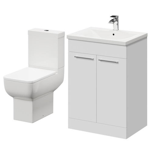 Alessio Gloss White 600mm Vanity Unit and Toilet Suite including Open Back Toilet and Floor Standing Vanity Unit with 2 Doors and Polished Chrome Handles Right Hand View