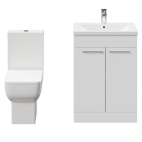 Alessio Gloss White 600mm Vanity Unit and Toilet Suite including Open Back Toilet and Floor Standing Vanity Unit with 2 Doors and Polished Chrome Handles Front View