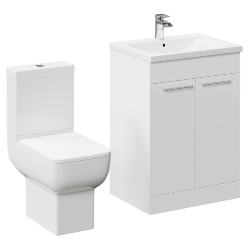 Alessio Gloss White 600mm Vanity Unit and Toilet Suite including Open Back Toilet and Floor Standing Vanity Unit with 2 Doors and Polished Chrome Handles Left Hand View