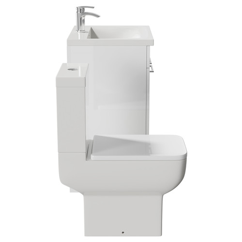 Alessio Gloss White 600mm Vanity Unit and Toilet Suite including Open Back Toilet and Floor Standing Vanity Unit with 2 Doors and Polished Chrome Handles Side View