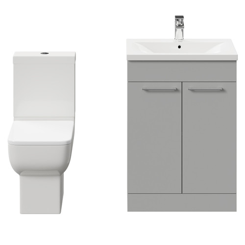 Alessio Gloss Grey Pearl 600mm Vanity Unit and Toilet Suite including Open Back Toilet and Floor Standing Vanity Unit with 2 Doors and Polished Chrome Handles Front View