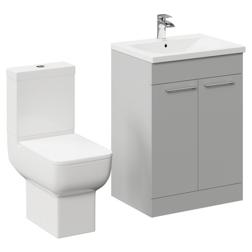 Alessio Gloss Grey Pearl 600mm Vanity Unit and Toilet Suite including Open Back Toilet and Floor Standing Vanity Unit with 2 Doors and Polished Chrome Handles Left Hand View