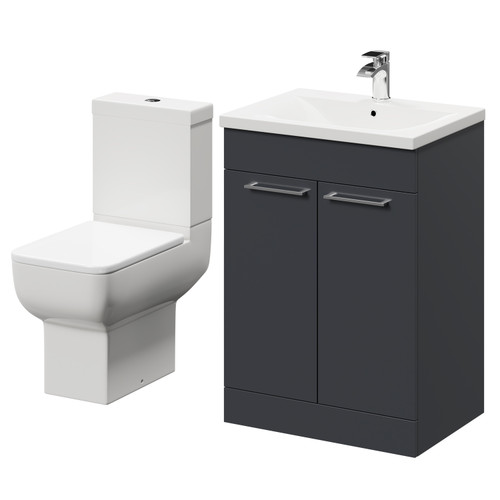 Alessio Gloss Grey 600mm Vanity Unit and Toilet Suite including Open Back Toilet and Floor Standing Vanity Unit with 2 Doors and Polished Chrome Handles Right Hand View