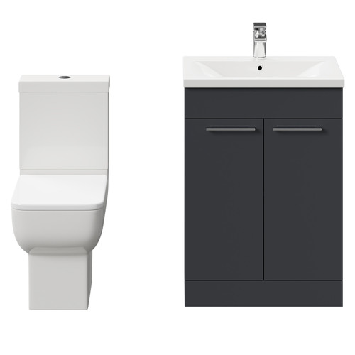 Alessio Gloss Grey 600mm Vanity Unit and Toilet Suite including Open Back Toilet and Floor Standing Vanity Unit with 2 Doors and Polished Chrome Handles Front View