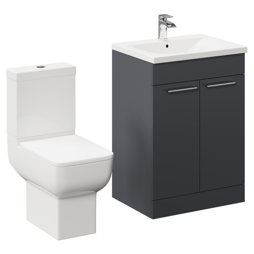 Alessio Gloss Grey 600mm Vanity Unit and Toilet Suite including Open Back Toilet and Floor Standing Vanity Unit with 2 Doors and Polished Chrome Handles Left Hand View