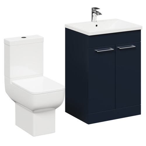 Alessio Deep Blue 600mm Vanity Unit and Toilet Suite including Open Back Toilet and Floor Standing Vanity Unit with 2 Doors and Polished Chrome Handles Left Hand View