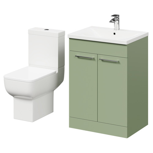 Alessio Olive Green 600mm Vanity Unit and Toilet Suite including Open Back Toilet and Floor Standing Vanity Unit with 2 Doors and Polished Chrome Handles Right Hand View