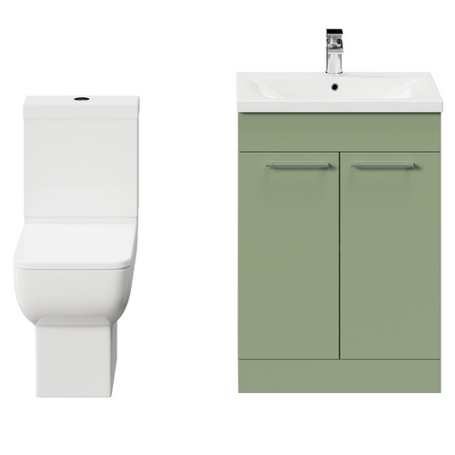 Alessio Olive Green 600mm Vanity Unit and Toilet Suite including Open Back Toilet and Floor Standing Vanity Unit with 2 Doors and Polished Chrome Handles Front View