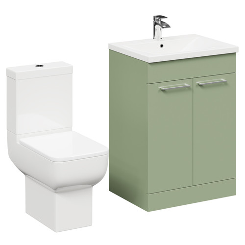 Alessio Olive Green 600mm Vanity Unit and Toilet Suite including Open Back Toilet and Floor Standing Vanity Unit with 2 Doors and Polished Chrome Handles Left Hand View