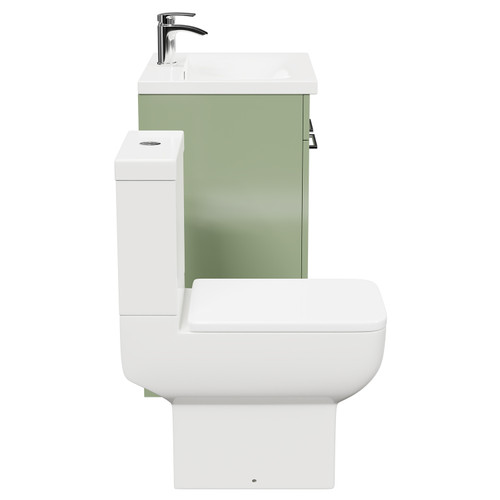 Alessio Olive Green 600mm Vanity Unit and Toilet Suite including Open Back Toilet and Floor Standing Vanity Unit with 2 Doors and Polished Chrome Handles Side View