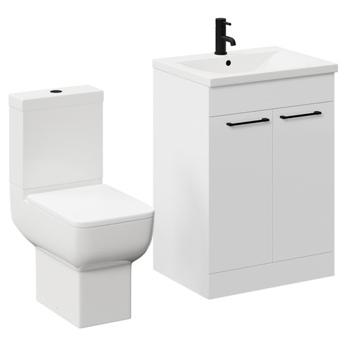 Alessio Gloss White 600mm Vanity Unit and Toilet Suite including Open Back Toilet and Floor Standing Vanity Unit with 2 Doors and Matt Black Handles Left Hand View