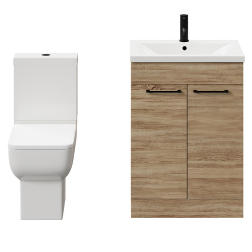 Alessio Bordalino Oak 600mm Vanity Unit and Toilet Suite including Open Back Toilet and Floor Standing Vanity Unit with 2 Doors and Matt Black Handles Front View