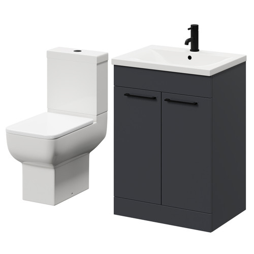 Alessio Gloss Grey 600mm Vanity Unit and Toilet Suite including Open Back Toilet and Floor Standing Vanity Unit with 2 Doors and Matt Black Handles Right Hand View