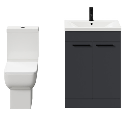 Alessio Gloss Grey 600mm Vanity Unit and Toilet Suite including Open Back Toilet and Floor Standing Vanity Unit with 2 Doors and Matt Black Handles Front View