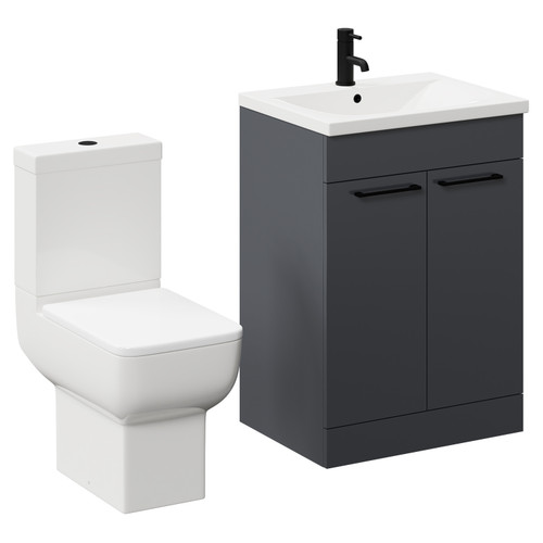 Alessio Gloss Grey 600mm Vanity Unit and Toilet Suite including Open Back Toilet and Floor Standing Vanity Unit with 2 Doors and Matt Black Handles Left Hand View