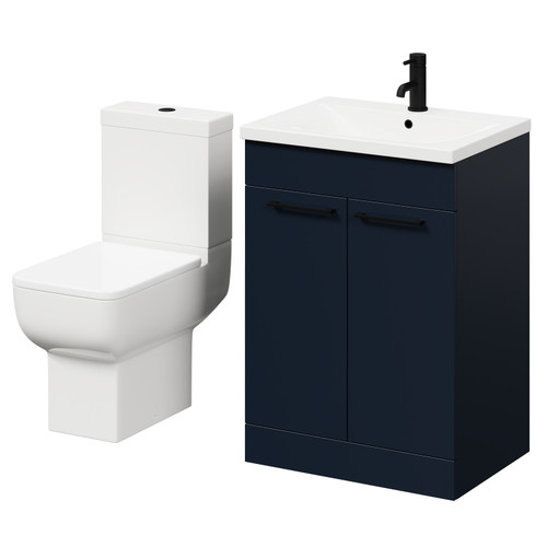 Alessio Deep Blue 600mm Vanity Unit and Toilet Suite including Open Back Toilet and Floor Standing Vanity Unit with 2 Doors and Matt Black Handles Right Hand View