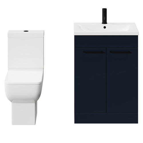 Alessio Deep Blue 600mm Vanity Unit and Toilet Suite including Open Back Toilet and Floor Standing Vanity Unit with 2 Doors and Matt Black Handles Front View