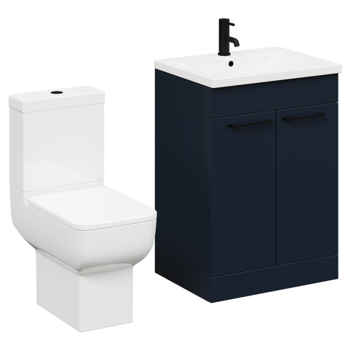 Alessio Deep Blue 600mm Vanity Unit and Toilet Suite including Open Back Toilet and Floor Standing Vanity Unit with 2 Doors and Matt Black Handles Left Hand View