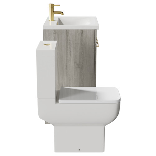 Alessio Molina Ash 600mm Vanity Unit and Toilet Suite including Open Back Toilet and Floor Standing Vanity Unit with 2 Doors and Brushed Brass Handles Side View