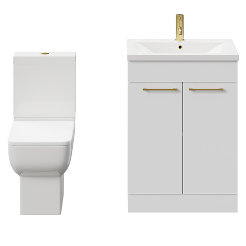 Alessio Gloss White 600mm Vanity Unit and Toilet Suite including Open Back Toilet and Floor Standing Vanity Unit with 2 Doors and Brushed Brass Handles Front View