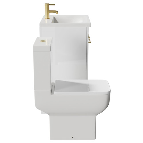 Alessio Gloss White 600mm Vanity Unit and Toilet Suite including Open Back Toilet and Floor Standing Vanity Unit with 2 Doors and Brushed Brass Handles Side View