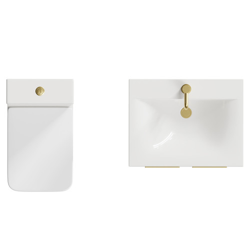 Alessio Gloss White 600mm Vanity Unit and Toilet Suite including Open Back Toilet and Floor Standing Vanity Unit with 2 Doors and Brushed Brass Handles Top View