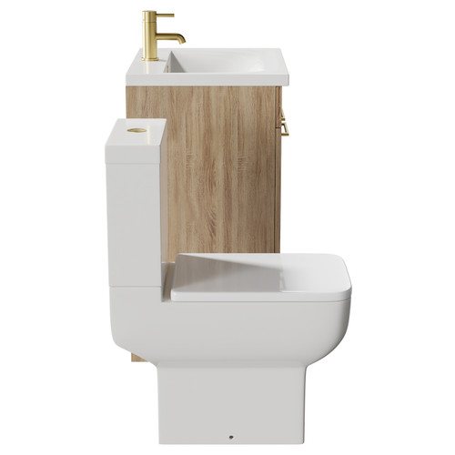 Alessio Bordalino Oak 600mm Vanity Unit and Toilet Suite including Open Back Toilet and Floor Standing Vanity Unit with 2 Doors and Brushed Brass Handles Side View