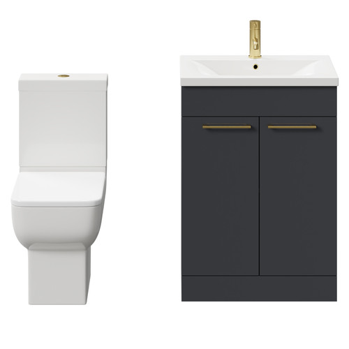 Alessio Gloss Grey 600mm Vanity Unit and Toilet Suite including Open Back Toilet and Floor Standing Vanity Unit with 2 Doors and Brushed Brass Handles Front View