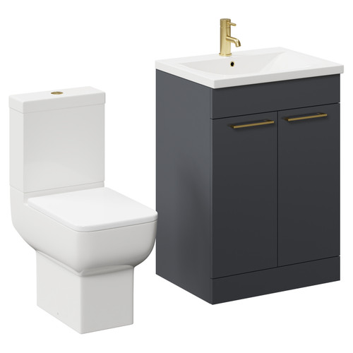 Alessio Gloss Grey 600mm Vanity Unit and Toilet Suite including Open Back Toilet and Floor Standing Vanity Unit with 2 Doors and Brushed Brass Handles Left Hand View