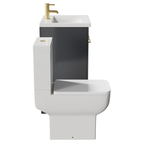 Alessio Gloss Grey 600mm Vanity Unit and Toilet Suite including Open Back Toilet and Floor Standing Vanity Unit with 2 Doors and Brushed Brass Handles Side View