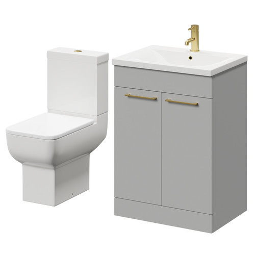 Alessio Gloss Grey Pearl 600mm Vanity Unit and Toilet Suite including Open Back Toilet and Floor Standing Vanity Unit with 2 Doors and Brushed Brass Handles Right Hand View