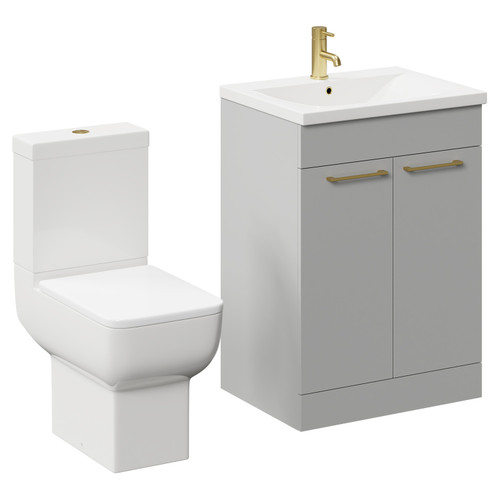 Alessio Gloss Grey Pearl 600mm Vanity Unit and Toilet Suite including Open Back Toilet and Floor Standing Vanity Unit with 2 Doors and Brushed Brass Handles Left Hand View