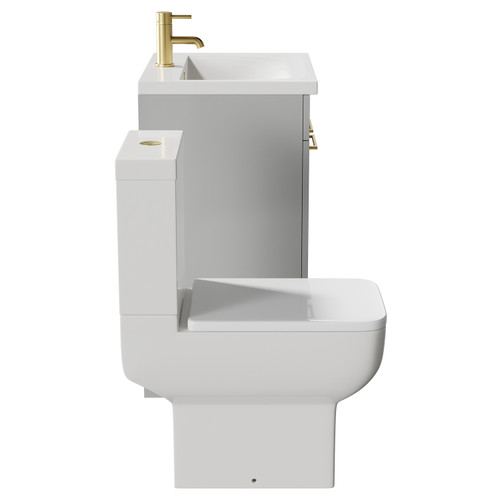 Alessio Gloss Grey Pearl 600mm Vanity Unit and Toilet Suite including Open Back Toilet and Floor Standing Vanity Unit with 2 Doors and Brushed Brass Handles Side View