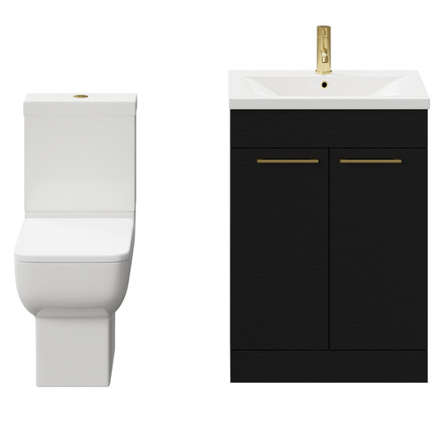 Alessio Nero Oak 600mm Vanity Unit and Toilet Suite including Open Back Toilet and Floor Standing Vanity Unit with 2 Doors and Brushed Brass Handles Front View