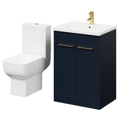 Alessio Deep Blue 600mm Vanity Unit and Toilet Suite including Open Back Toilet and Floor Standing Vanity Unit with 2 Doors and Brushed Brass Handles Right Hand View