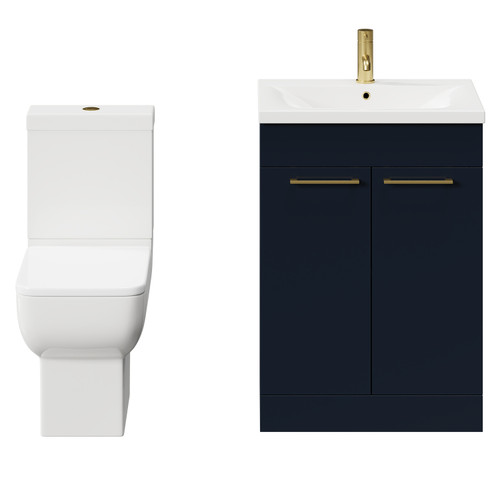 Alessio Deep Blue 600mm Vanity Unit and Toilet Suite including Open Back Toilet and Floor Standing Vanity Unit with 2 Doors and Brushed Brass Handles Front View