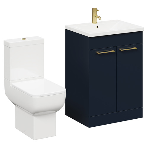 Alessio Deep Blue 600mm Vanity Unit and Toilet Suite including Open Back Toilet and Floor Standing Vanity Unit with 2 Doors and Brushed Brass Handles Left Hand View