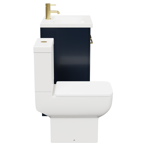 Alessio Deep Blue 600mm Vanity Unit and Toilet Suite including Open Back Toilet and Floor Standing Vanity Unit with 2 Doors and Brushed Brass Handles Side View