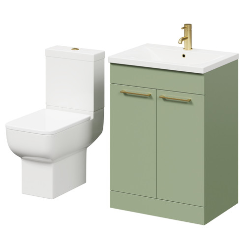 Alessio Olive Green 600mm Vanity Unit and Toilet Suite including Open Back Toilet and Floor Standing Vanity Unit with 2 Doors and Brushed Brass Handles Right Hand View