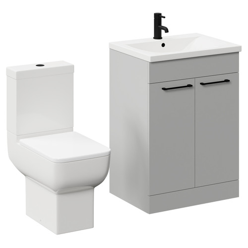 Alessio Gloss Grey Pearl 600mm Vanity Unit and Toilet Suite including Open Back Toilet and Floor Standing Vanity Unit with 2 Doors and Matt Black Handles Left Hand View