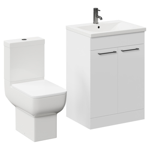 Alessio Gloss White 600mm Vanity Unit and Toilet Suite including Open Back Toilet and Floor Standing Vanity Unit with 2 Doors and Gunmetal Grey Handles Left Hand View