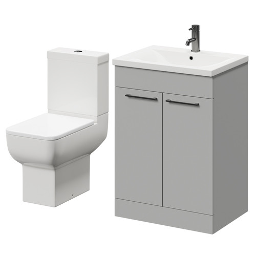 Alessio Gloss Grey Pearl 600mm Vanity Unit and Toilet Suite including Open Back Toilet and Floor Standing Vanity Unit with 2 Doors and Gunmetal Grey Handles Right Hand View