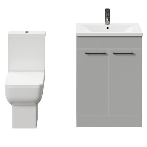 Alessio Gloss Grey Pearl 600mm Vanity Unit and Toilet Suite including Open Back Toilet and Floor Standing Vanity Unit with 2 Doors and Gunmetal Grey Handles Front View