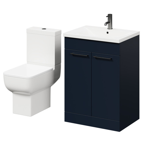 Alessio Deep Blue 600mm Vanity Unit and Toilet Suite including Open Back Toilet and Floor Standing Vanity Unit with 2 Doors and Gunmetal Grey Handles Right Hand View