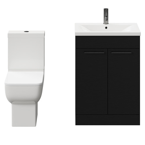 Alessio Nero Oak 600mm Vanity Unit and Toilet Suite including Open Back Toilet and Floor Standing Vanity Unit with 2 Doors and Gunmetal Grey Handles Front View